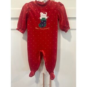 Baby's First Christmas Red Velvet Footed Pajamas Size 6-9 Months Holiday VTG